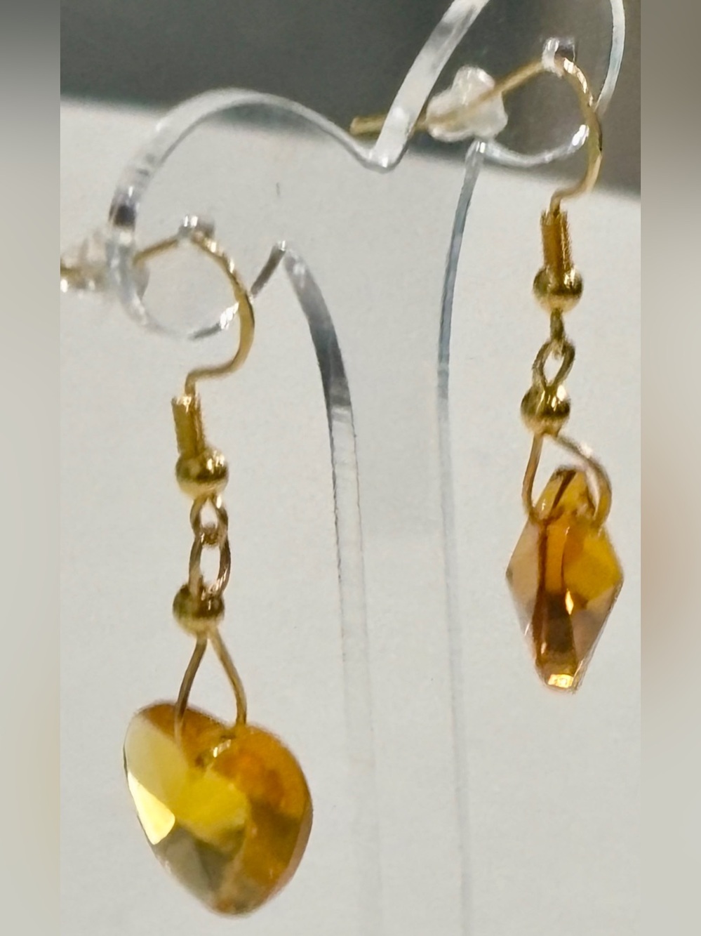 Handmade Gold-Toned & Multi Faceted Heart Shape Amber Crystal Drop Earrings